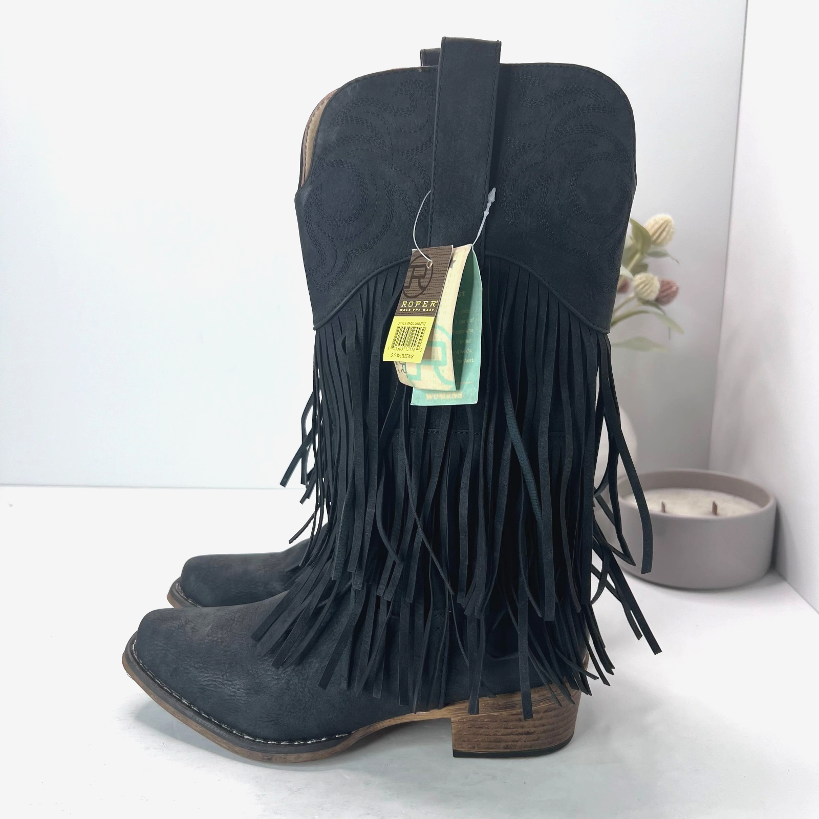 Roper Smooth Fringe Western Cowboy Boots Faux Leather Black Women's 5.5 Nwob